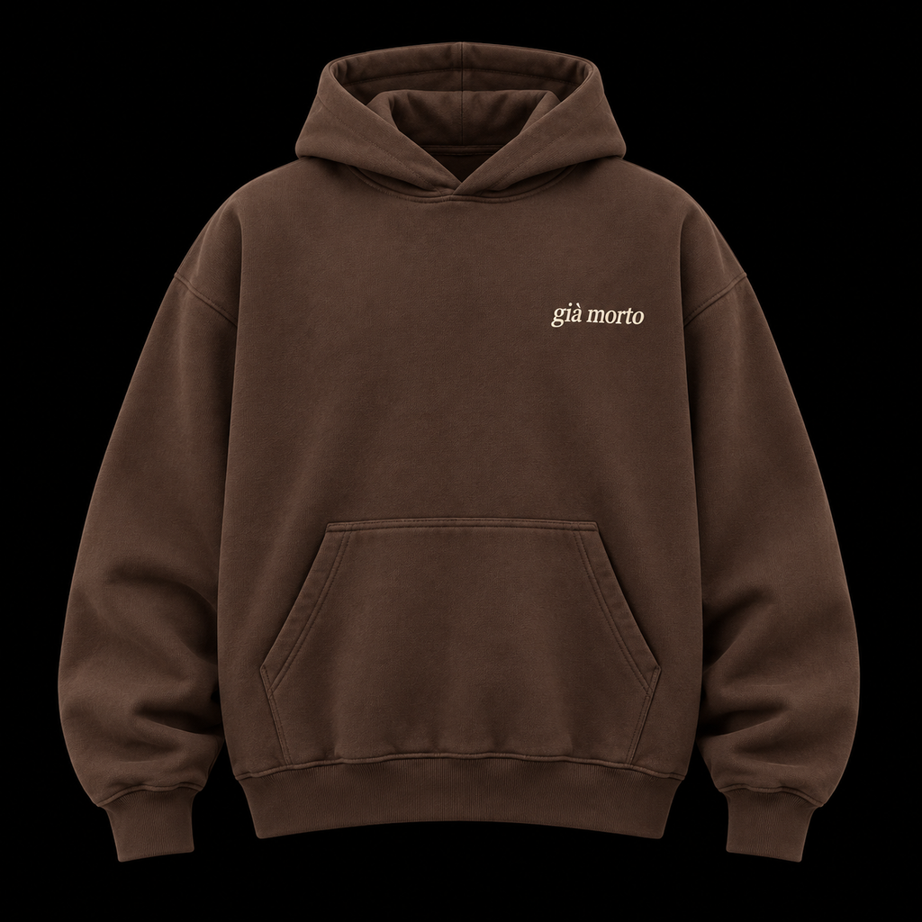 Brown hoodie, già morto on the chest