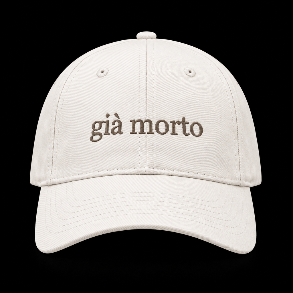 Off white cap, già morto stitched on the front