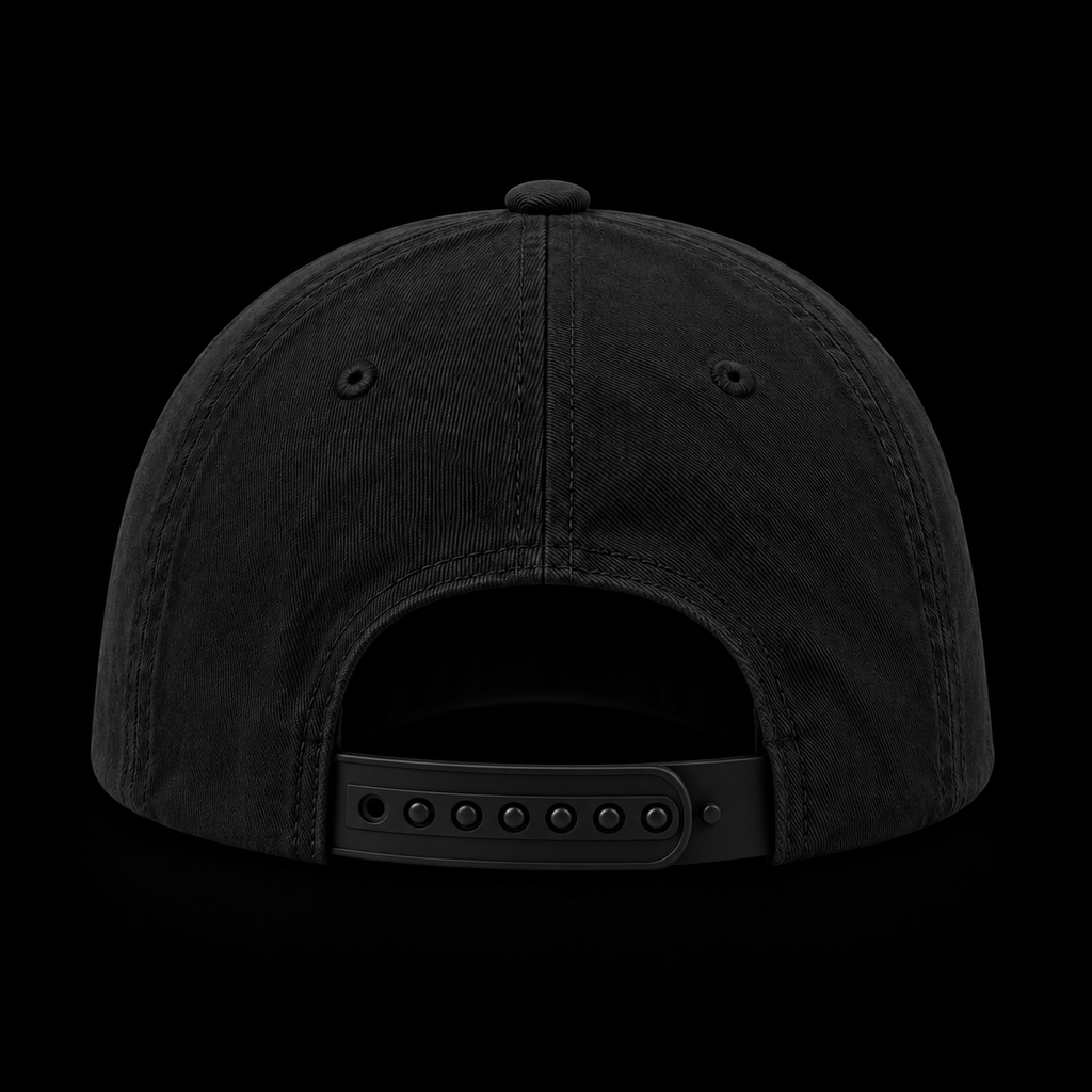 Black cap from the back, adjustable strap